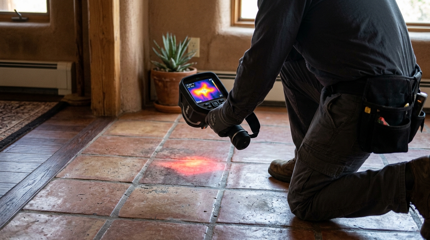Thermal imaging scan revealing hot water slab leak signature on residential floor in Vista